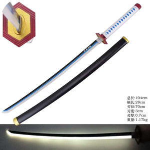 Demon Slayer - Giyu Tomioka Blue Nichirin (Red Tsuba) Display (Straight Blade) Katana with Light Up Blade-The Sword Stall