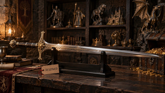 The Sword Stall Layaway Scheme - an ornate sword on a stand with a Reserved tag beside a dragon's hoard
