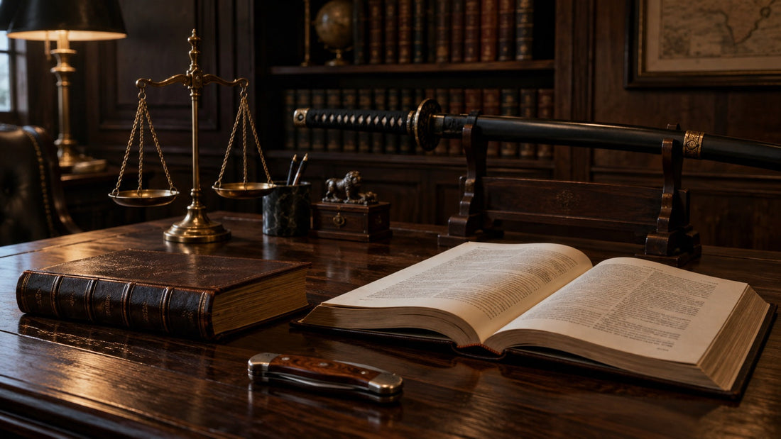 A folding pocket knife, law books and scales of justice on a study desk, with a katana on a display stand behind