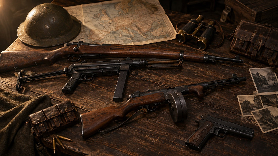 Replica WWII rifles, submachine guns and a pistol laid out on a wooden table with a steel helmet, binoculars and a 1940s map of Europe