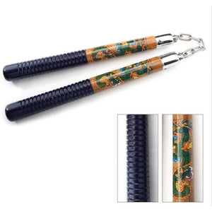Nunchaku (Nunchuk) - Classic Dragon, Painted and Ribbed Grips (Wood)