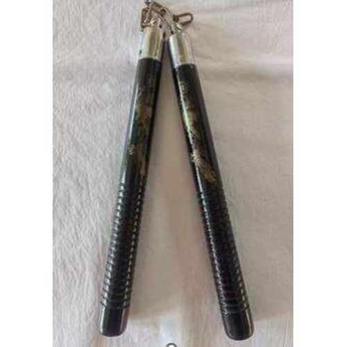 Nunchaku (Nunchuk) - Sun Dragon, Black, Ribbed Grips (Wood)