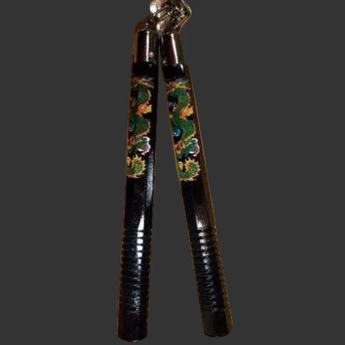 Nunchaku (Nunchuk) - Classic Dragon, Black, Ribbed Grips (Wood)