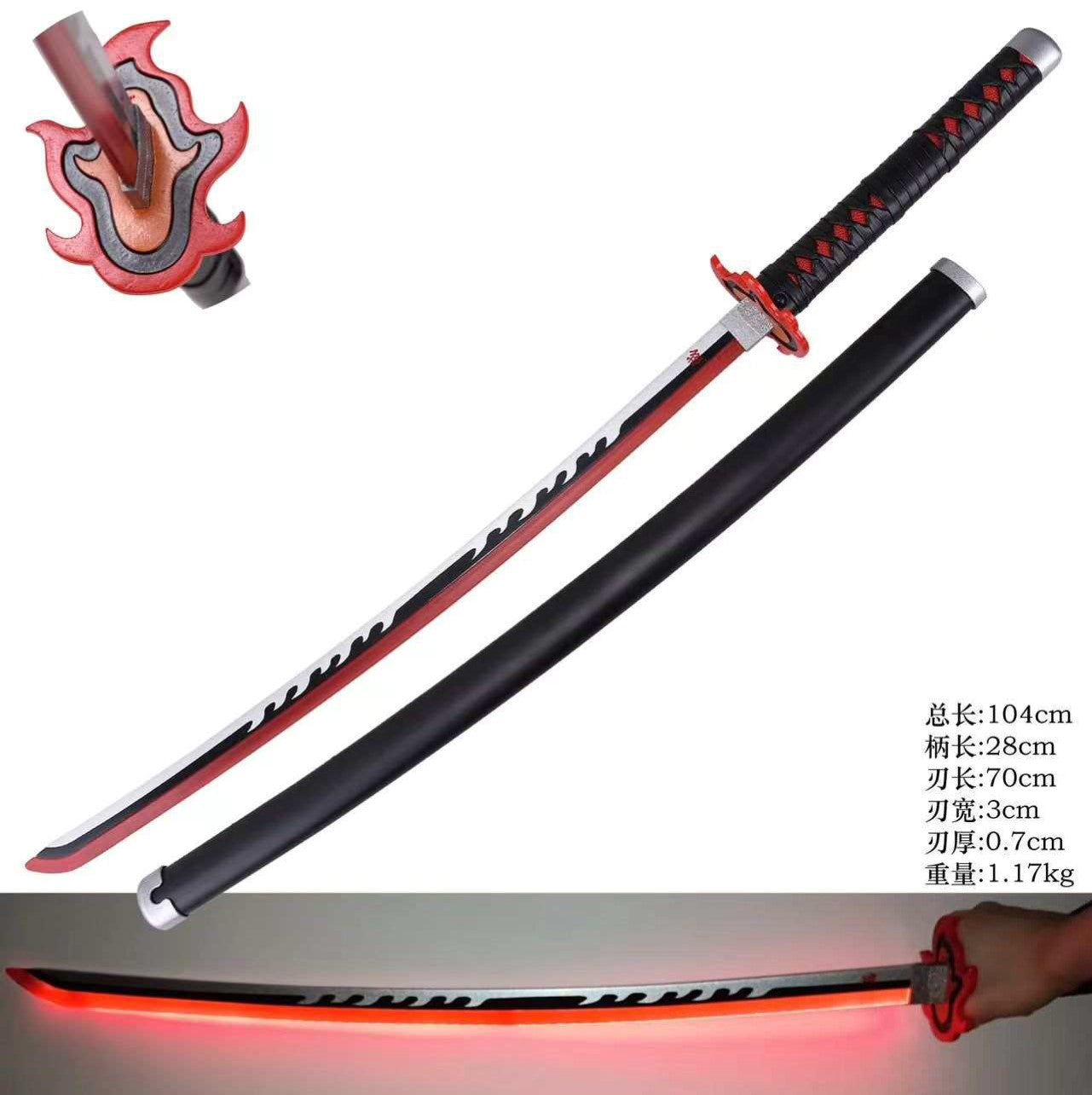 Demon Slayer - Tanjiro Kamado Fire Breath Black Nichirin Display (Straight Blade) Katana with Light Up Blade