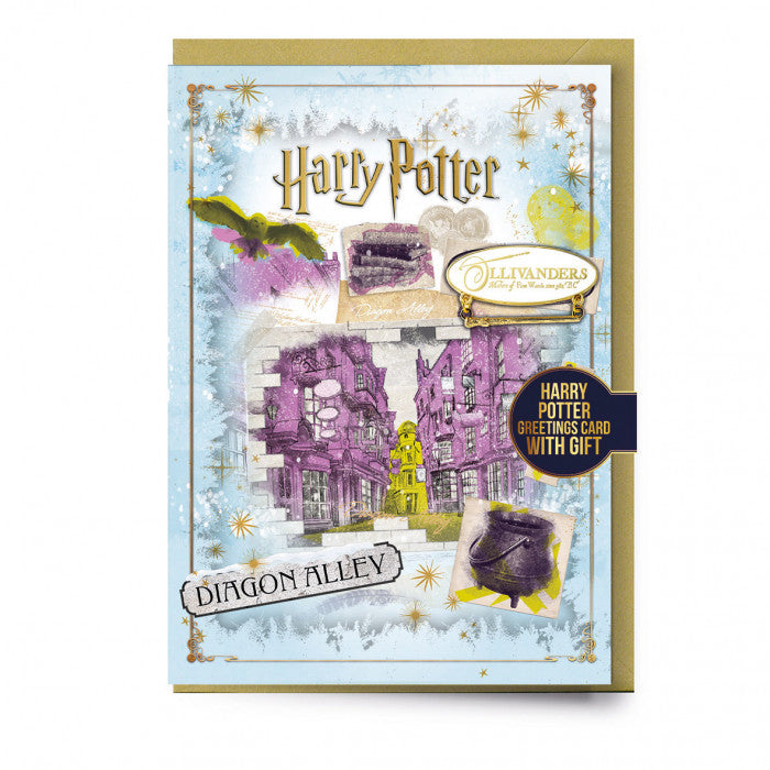 Harry Potter Diagon Alley Christmas Card with Ollivanders Pin Badge